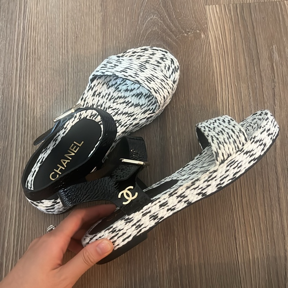 New chanel black and white woven platform sandals